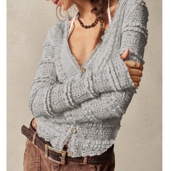 Boho Fitted Button Down Frill Ruffle Detail Long Sleeve top - Picture 11 of 11